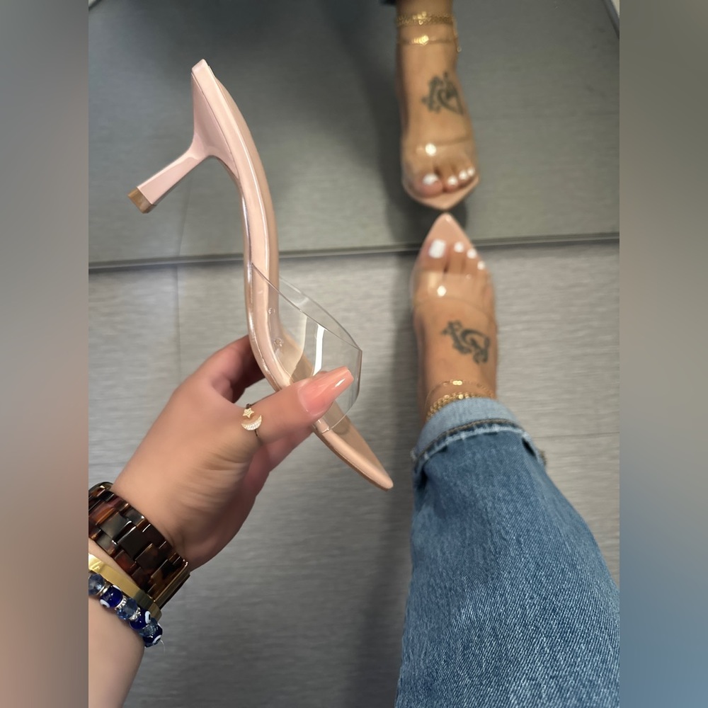 Nude Clear Strap Pointed Toe Mule Heels 2.5” – Chic Slip-On Pumps